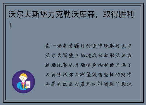 沃尔夫斯堡力克勒沃库森，取得胜利！