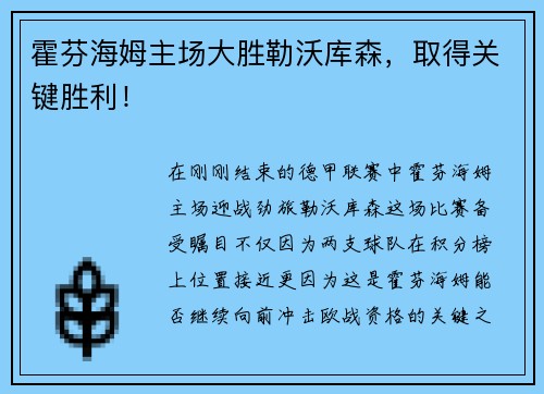 霍芬海姆主场大胜勒沃库森，取得关键胜利！